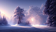 Fantasy Winter Landscape, Frozen River, Trees In The Snow. Beautiful Winter Background. Magic Fairy Tale Neon Landscape, Winter Forest, Portal, Magic. 3Dillustration.