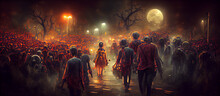 Halloween Concept Of Zombie Crowd Walking At Night Digital Artwork Illustration Paintings Hyper Realistic Renders