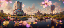  Large Metallic City Building With A Pond Of Flowers Digital Artwork Illustration Paintings Hyper Realistic Renders