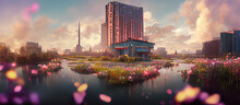  Large Metallic City Building With A Pond Of Flowers Digital Artwork Illustration Paintings Hyper Realistic Renders