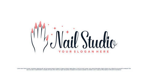 Wall Mural - Nail polish studio logo design for beauty salon with woman hand and creative concept Premium Vector