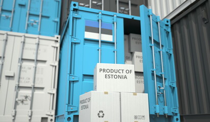 Wall Mural - Cardboard boxes with goods from Estonia and cargo containers. Industry and logistics related conceptual 3D rendering