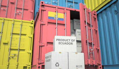 Wall Mural - Boxes with goods from Ecuador and cargo containers. National economy related conceptual 3D rendering