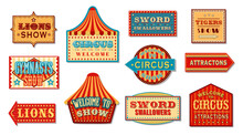 Circus Signs And Carnival Signboards To Show Tickets Booth, Vector Arrows. Funfair Carnival Direction Banners And Shapito Fun Fair Attractions Pointer Signage Or Signboards With Marquee And Stars