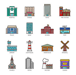 City buildings outline icons. Town commercial real estate, city official buildings, urban architecture vector icons. Factory, office and church, windmill, warehouse and airport, school, bank, police