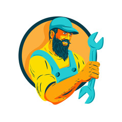 Wall Mural - Bearded Mechanic Holding Spanner Circle WPA