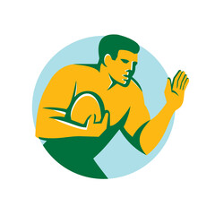 Wall Mural - Rugby Player Fend Off Circle Retro