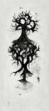 The Tree Of Life - Two Trees Growing Into Each Other, The Tree Of Life, Indian Ink Illustration, Abstracted And Beautiful,  Hand Painting Style