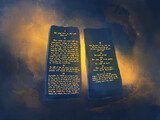 Fototapeta  - Ten Commandments glowing on blue stone tablets, Decalogue Law Exodus 20 sapphire religious illustration.