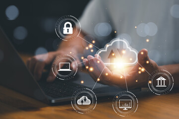 Wall Mural - man use laptop with cloud computing diagram show on hand. cloud technology. data storage. networking