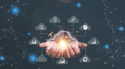 Leinwandbilder - Big data analytics and business intelligence concept with chart and graph icons on a digital screen interface and a businessman in background..