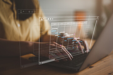 Leinwandbilder - Analyst working with computer in Business Analytics and Data Management System to make report with KPI and metrics connected to database. Corporate strategy for finance, operations, sales, marketing.