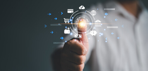 Poster - futuristic digital processing of biometric identification fingerprint scanner for access personal financial data. surveillance and security scanning of digital programs cyber futuristic applications..