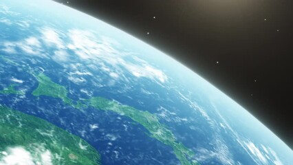 Wall Mural - Japan From Space with Sun Flare on Bright Horizon 3D Planet Earth 4K