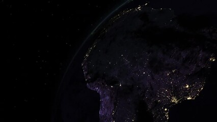Wall Mural - South America from Space with City Night Lights and Brazil Chile Peru Columbia Visible with Stars Background as Camera Rotates 4K