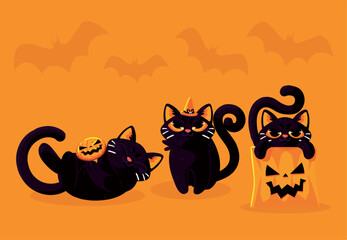 Sticker - halloween cats and pumpkin