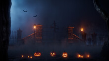 Creepy Halloween Graveyard Gate Illustration With Jack O' Lanterns And Candles.