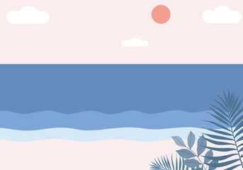 Summer beach background, sky, sun, sea, plam leaves and white sand beach. Design illustration.