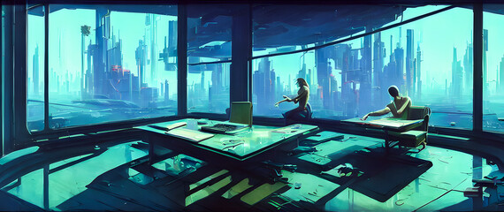 Artistic concept painting of a beautiful home cyberpunk interior, background illustration.