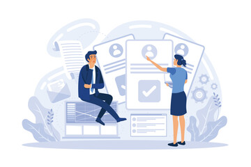 Wall Mural - hr manager with employee at interview and business flow chart. employee assessment software, hr comp