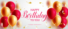 Birthday Greeting Vector Design. Happy Birthday Text With Floating Red And Gold Balloons In White Background For Birth Day Banner Decoration. Vector Illustration.
