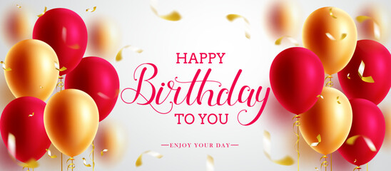 Birthday greeting vector design. Happy birthday text with floating red and gold balloons in white background for birth day banner decoration. Vector illustration.
