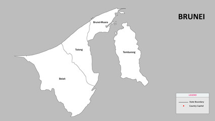 Brunei Map. State and district map of Brunei. Administrative map of Brunei with district and capital in white color.