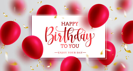 Wall Mural - birthday greeting vector template design. happy birthday text in white board with floating red ballo