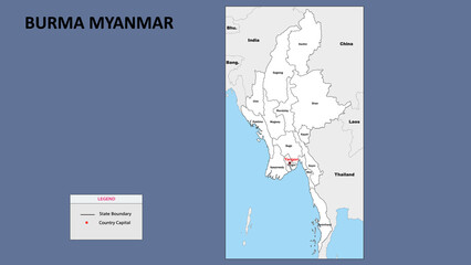 Burma Myanmar Map. State and district map of Burma Myanmar. Administrative map of Burma Myanmar with district and capital in white color.