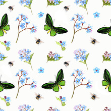 Seamless Pattern With Forgrt Mr Not Flowers, Bumblebees And Butterflies