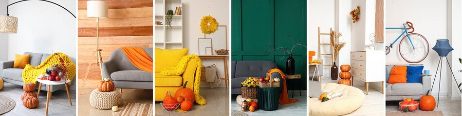 Collage with beautiful autumn interiors of room