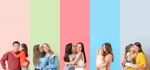 Wall Mural - Set of children and teenagers kissing parents and sisters on colorful background