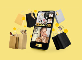 Sticker - Big smartphone, bags and money on yellow background. Online shopping concept