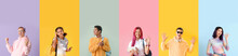 Set Of Many Teenagers On Colorful Background