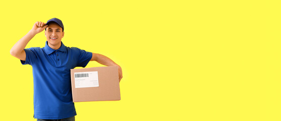 Poster - Delivery man with parcel on yellow background with space for text