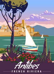 Wall Mural - French Riviera Antibes Retro Poster. Tropical coast scenic view, palm, Mediterranean marine, sea town, sailboat.