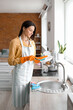 © Pixel-Shot - Young woman cleaning plate with brush in kitchen