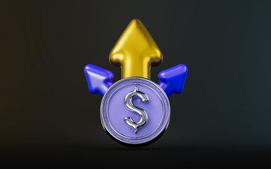 Wall Mural - dollar coin with up arrow sign on dark background 3d render concept for investment profit