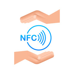 Sticker - Contactless wireless pay sign in hands logo. NFC technology. Vector stock illustration.