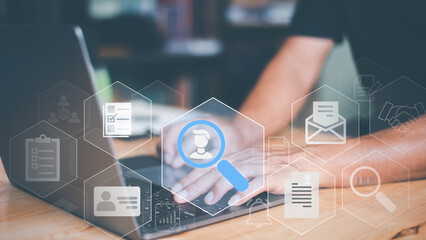 recruiting and hiring concept Job search, HR search with online technology ,Young man seeks vacancies online with network technology,