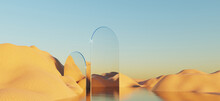 Abstract Dune Cliff Sand With Metallic Arches And Clean Blue Sky. Surreal Minimal Desert Natural Landscape Background. Scene Of Desert With Glossy Metallic Arches Geometric Design. 3D Render.