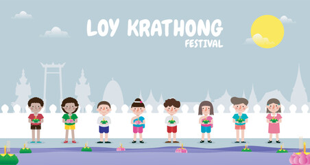 Wall Mural - Loy Krathong Festival banner concept with cute Thai Children in National costume holding krathong in full moon night and lanterns Celebration and Culture of Thailand poster template background Vector