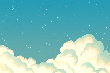  ドット絵　ノスタルジックな星空と雲の背景　ピクセル　イラスト