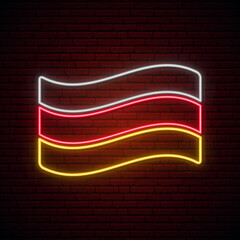 Sticker - Germany flag neon sign. Glowing waving Germany national flag isolated on dark brick wall background. Stock vector illustration.