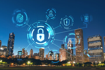 Chicago skyline from Butler Field to financial district skyscrapers, night time, Illinois, USA. Parks and gardens. The concept of cyber security to protect companies confidential information
