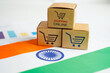 Online shopping, Shopping cart box on India flag, import export, finance commerce.