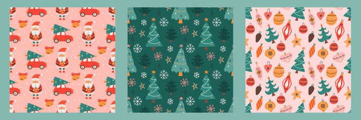 Wall Mural - Set of seamless patterns for Christmas and New Year. Vector cute holiday backgrounds