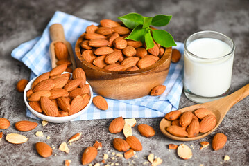 Wall Mural - Almond milk and Almonds nuts on bowl background, Delicious sweet almonds on the table, roasted almond nut for healthy food and snack