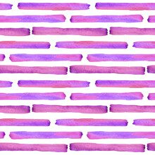 Watercolor Hand Drawn Violet And Pink Stripes Seamless Pattern. Purple Striped Print On White Background. Colorful Swatches For Textile, Fabric, Paper, Wallpaper, Wrapping Paper And Decoration.