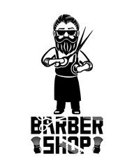 Wall Mural - Barber in sunglasses and with scissors in his hands on a white background.